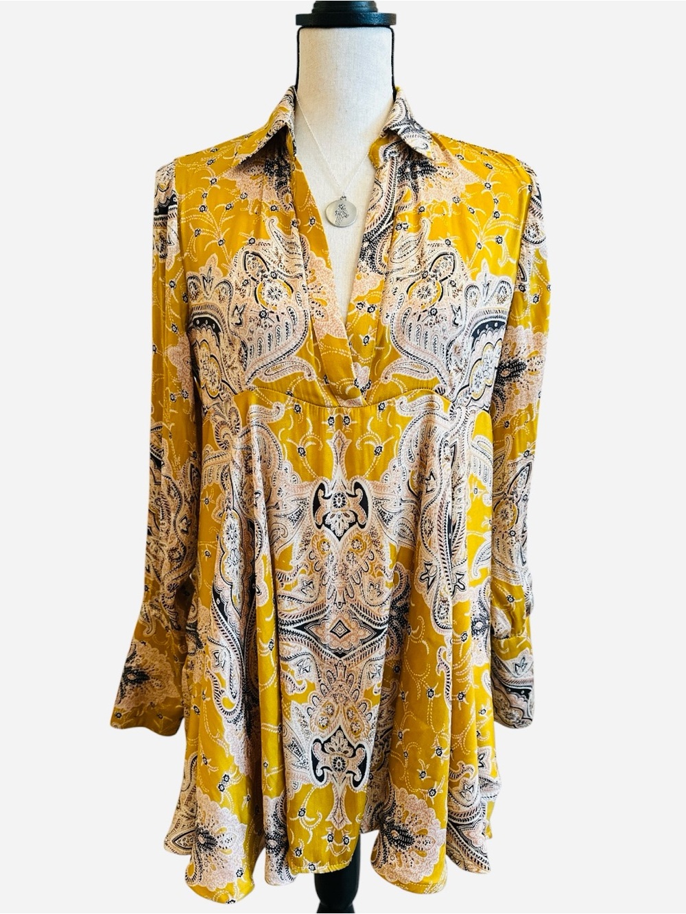 Free People Paisley Tunic Mini Dress Mustard Yellow Boho Hippie Chic Small